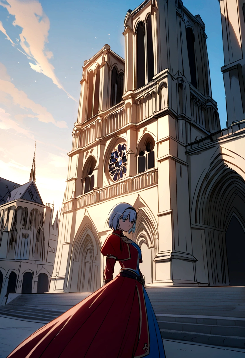 

Joan of Arc with a cornette in the color blue white red, behind Notre Dame de Paris