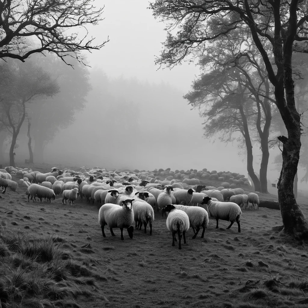 forest,grassland,sheep,grey,mist,rain,Black and White,RAW,UHD,8k,Detailed Details,Best quality,Sense of atmosphere