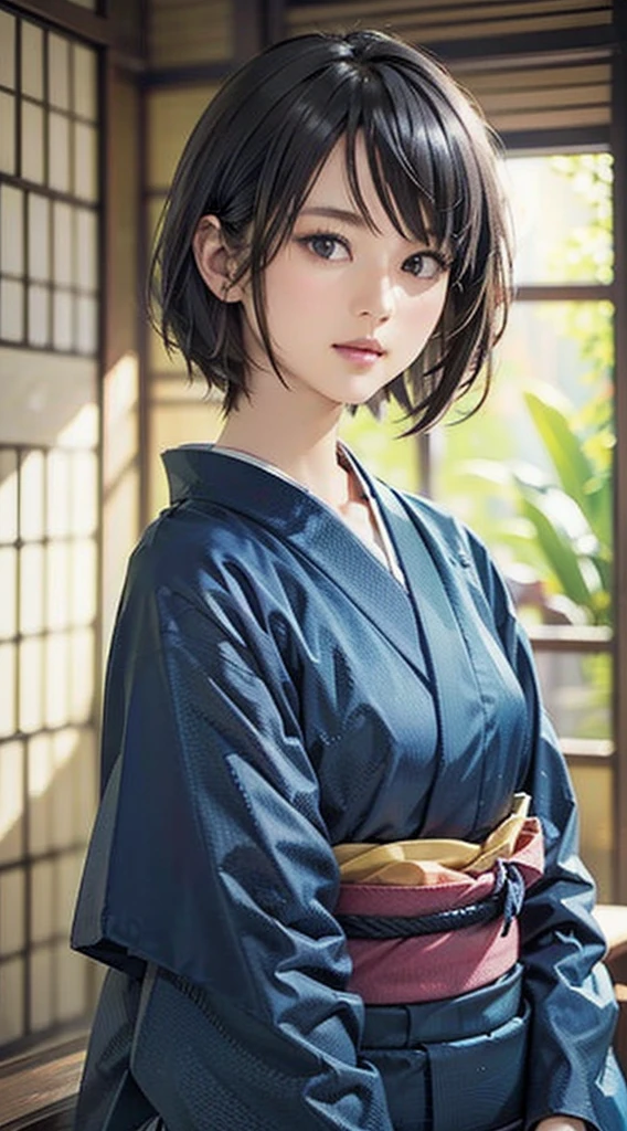 (Realistic)、(Realistic:1.2)、(High resolution)、Very detailed、Very beautiful face and eyes、1 girl、Delicate body、(highest quality、Attention to detail、Rich skin detail)、(highest quality、8k、Oil paint:1.2)、Very detailed、(Realistic、Realistic:1.37)、Bright colors、Full Body Shot,black_hair, Beautiful 8k eyes,Looking_in_Audience,One person in,Are standing,((Very beautiful woman, Fuller lips, Japanese pintern kimono))、((Colorful Japanese kimono)))、(((blackhair)))、(((Blunt bung,short hair)))、((( Inside an old Japanese house with a (short focus :1.4),)))、(masterpiece, highest quality, highest quality, Official Art, beautifully、aesthetic:1.2),(Fractal Art:1.3),Sengoku period、Greg Rutkowski Written by Alphonse Mucha Ropp,short ,uchikake,nishijin ori,(realistic light and shadow), (real and delicate background),(muted colors, dim colors, soothing tones:1.3), low saturation, (hyperdetailed:1.2), (noir:0.4),drow,blurry_light_background, (vibrant color:1.2), cinematic lighting, ambient lighting,Single Shot,Shallow Focus,pink lip,blurry light background,