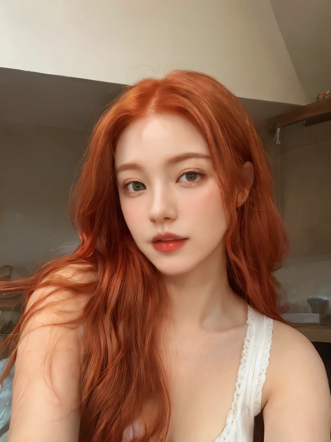 there is a woman with long red hair posing for a picture, red hair, long glowing red hair, soft red hair, with red hair, flowing ginger hair, She dyed her long hair again, copper head, red hair and attractive features, ginger hair with freckles, smooth, red skin, red hair 소녀, light red hair, red hair, red hair and freckles, Joy Red Velvet