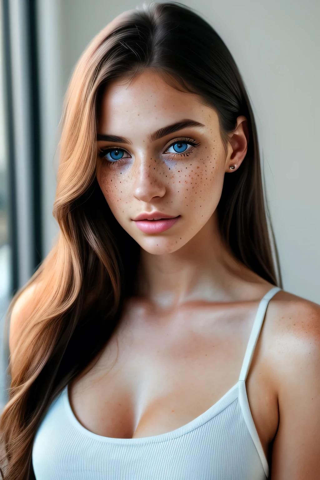color photograph, ((a realistic photo of a beautiful girl)), (milalc), light, ((glowy skin)), looking_at_viewer, (fit body:1.0), long hair, detailed illustration, masterpiece, high quality, realistic, very detailed face, freckles, black hair, blue eyes, instagram model