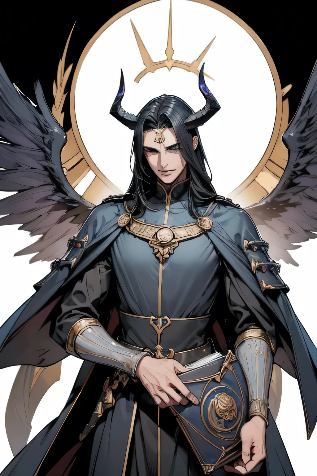 Create a detailed illustration of a male male magician celestial demon. This entity must have two large black wings that combine bright plumes with a dark and threatening appearance.. The figure should have horns on its head and a shiny golden halo behind it., symbolizing his celestial and demonic duality. Vista-o com vestes escuras e majestosas, com detalhes dourados. He must hold an ancient and magical book open, que emite uma luz dourada, sugerindo seu papel como mago. The facial expression should be serene and intimidating, com olhos laranjas brilhantes que transmitem sabedoria e poder. O fundo deve ser escuro e nebuloso, creating a mystical and supernatural atmosphere. Art must have an epic and mystical style, com uma atmosfera de beleza perturbadora e poder arcano, ele deve estar sentado em uma cadeira de rodas."