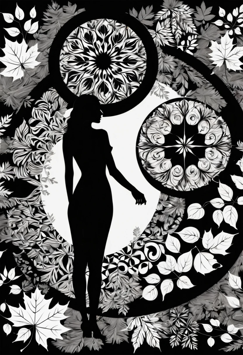 Silhouette Style Nude, Beautiful back, Cozy autumn themed Batik Art, Gorgeous geometric shapes, Wheel within wheel, pattern, autumn, View, Batik, fall decorations, autumn elements
. High contrast, Simple, black and white, Stark, dramatic