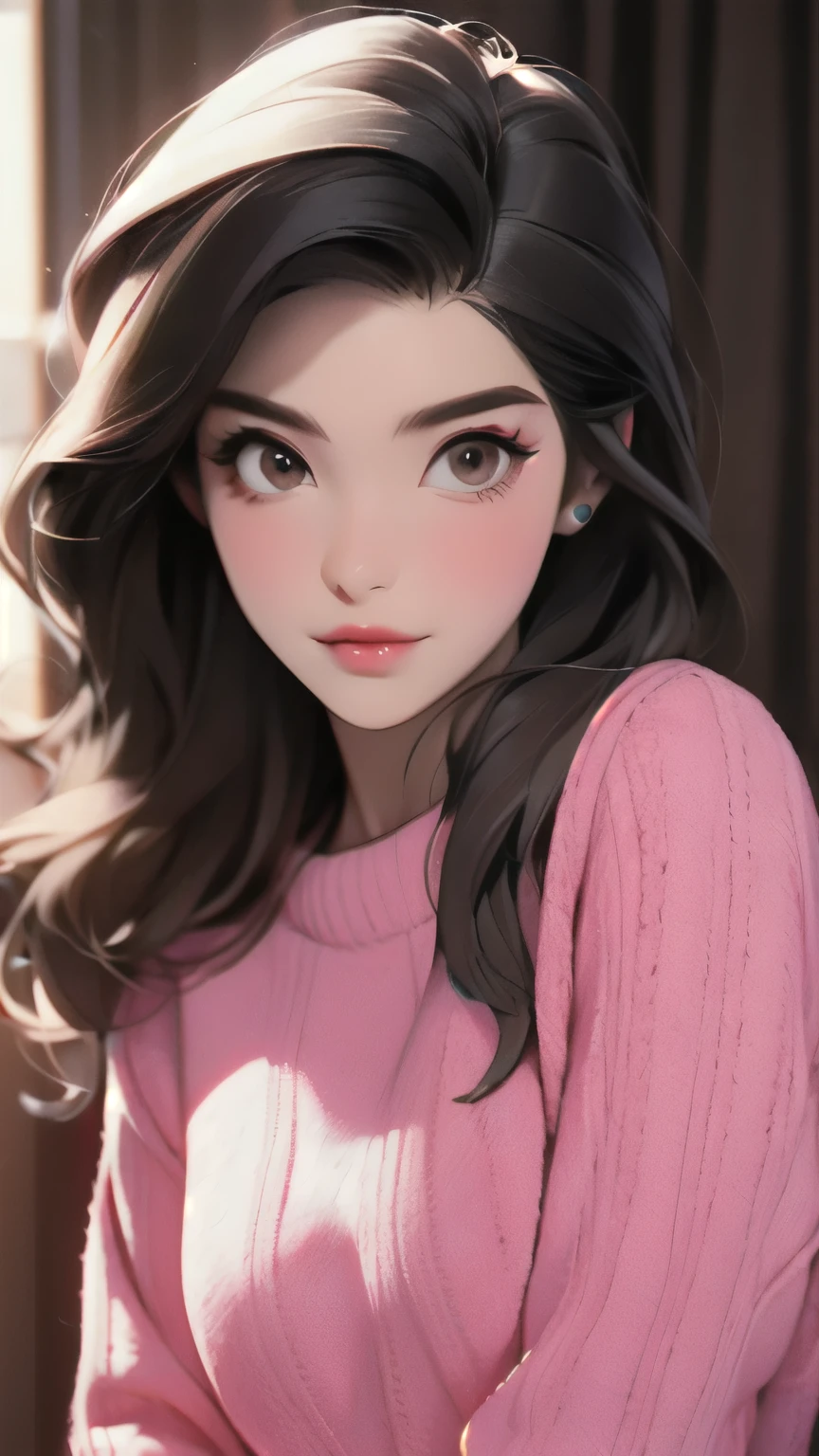 Girl, long brown hair, brown eyes, sharp features, white skin, bright pink lips, beautiful, sweater