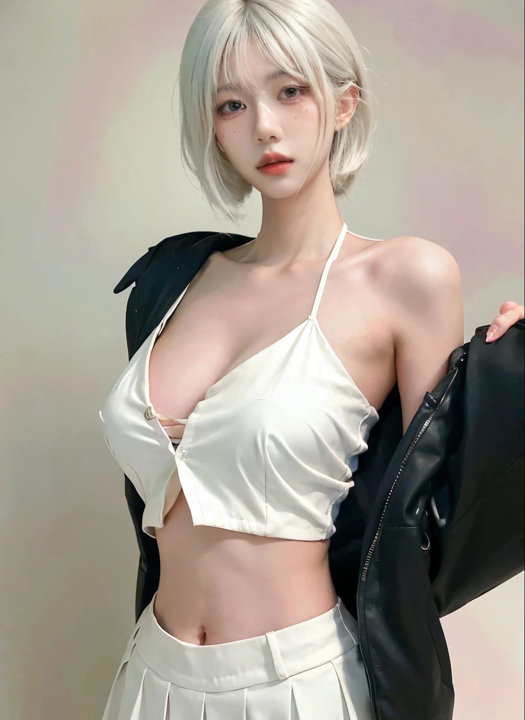 Beautiful woman with perfect figure:1.4,Ultra-high resolution,White background,(lifelike:1.4),Layered Hairstyle,White skin,Bikini:1.5,Super short pleated skirt,whole body,Very delicate face and skin texture,Double eyelids,Skin Whitening,short hair,White hair