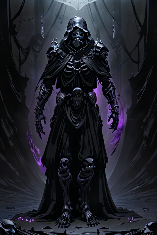 (full body:1.4).skeleton with purple lights in eye sockets.(realistic illustration:1.3),((dark fantasy:1.4)).((male:1.4)) ((black skull face:1.4)), ((Hooded)) (shadow) ((wraith)) in ((heavy obsidian armor)), tall, imposing, (glowing violet eyes:1.2), (cross pendant:1.3). brandishing black ((great sword)) in purple flames. masterpiece