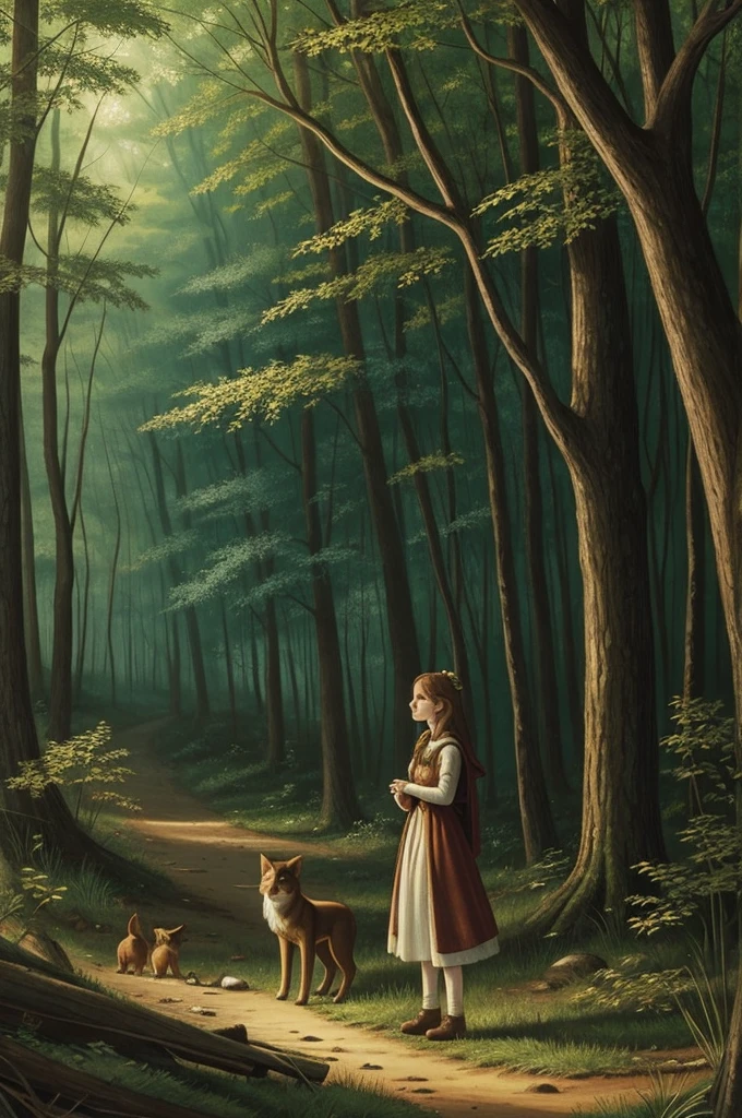 Illustration for a fairy tale about a girl standing in the forest, who knows how to talk to animals