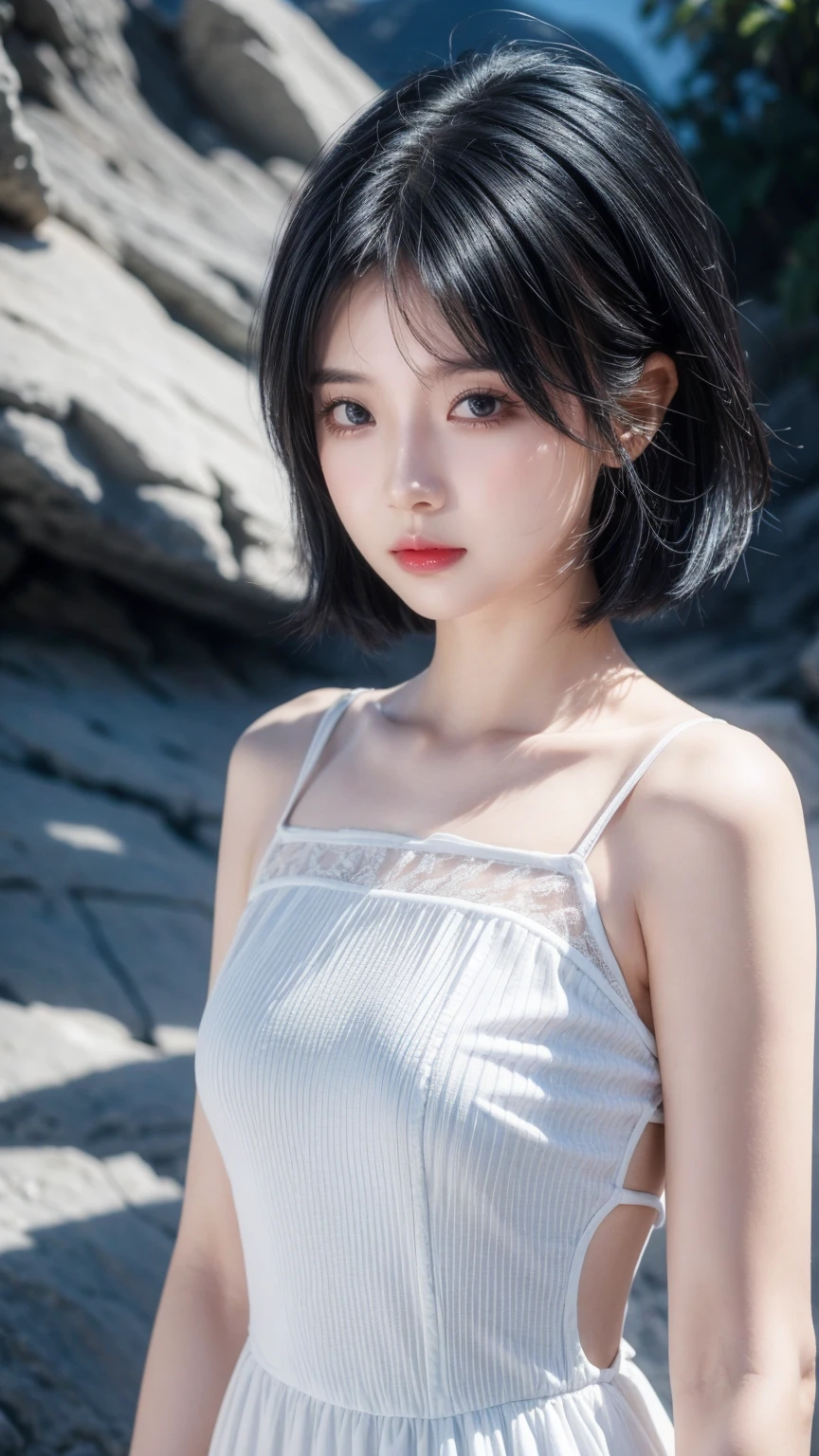 best quality, 1 Girl, dark blue hair, black eyes, Very short hair, Spiky hair, wears sweet white dress luxury，A cropped dress, 171 cm, Messy hair, Hair between the eyes, Tomboy, aldult, 20 years old, A sweet girl by the mountain