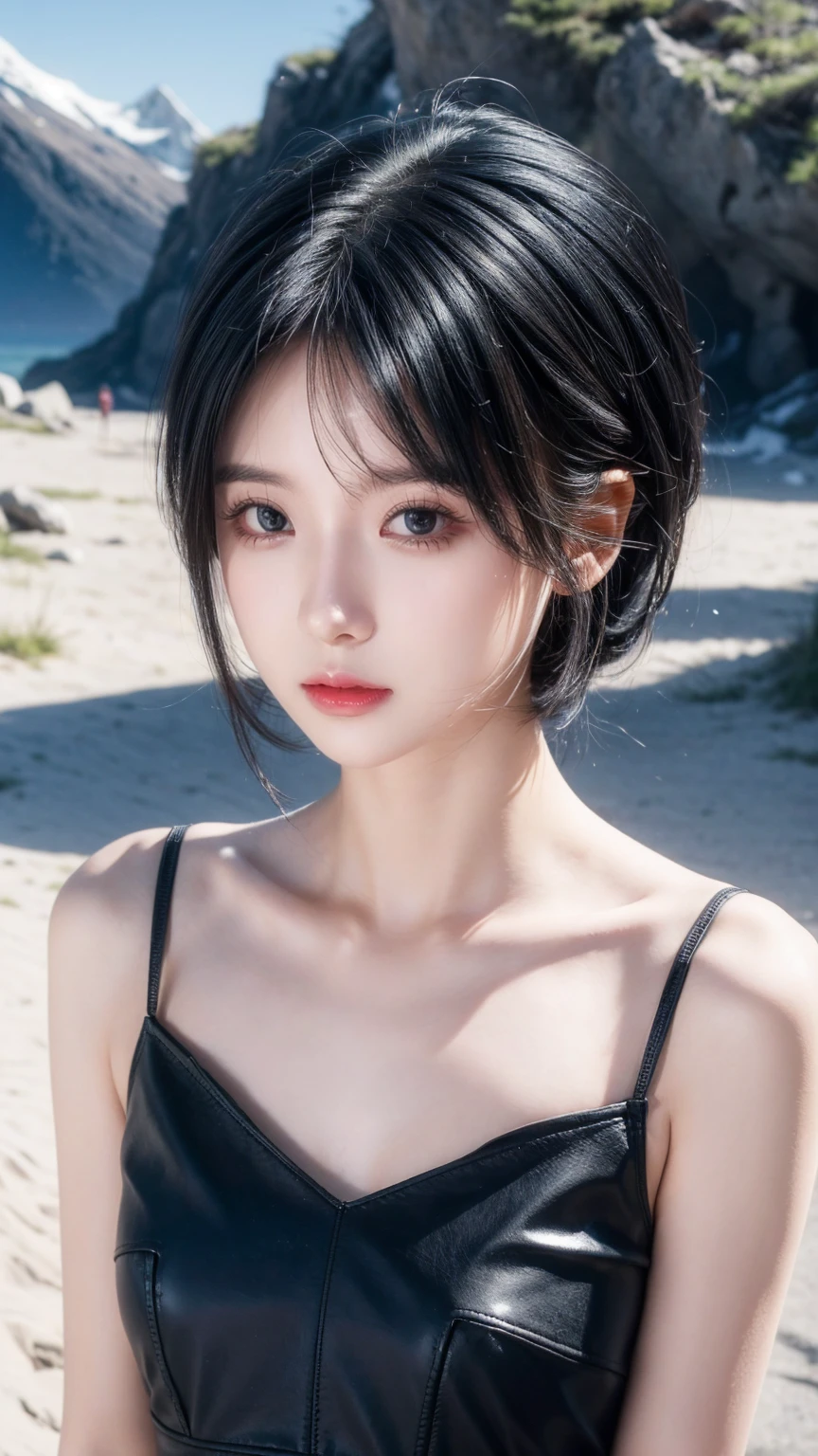 best quality, 1 Girl, dark blue hair, black eyes, Very short hair, Spiky hair, wears sweet white dress luxury，A cropped dress, 171 cm, Messy hair, Hair between the eyes, Tomboy, aldult, 20 years old, A sweet girl by the mountain