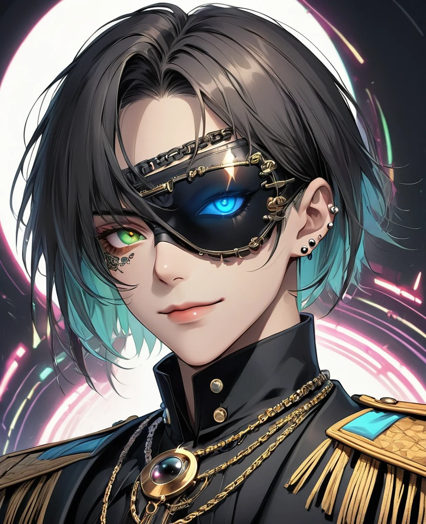 (Digital Illustration，Detailed anime style，Heavy Metal Cyberpunk，Pearl tassel eye mask，Portrait of short-haired boy wearing mask eye patch，Solitary，symmetry)，(Big colorful eyes，Fashionable and exquisite facial features，Exquisite makeup，Smooth skin，Smile，Lip Studs，Soulful gaze，)，(Black suit，Epaulettes-Chain，cool，)，(((Correct human anatomy)))，，out a hand：1.37.Radioactive geometric dynamic light wave background