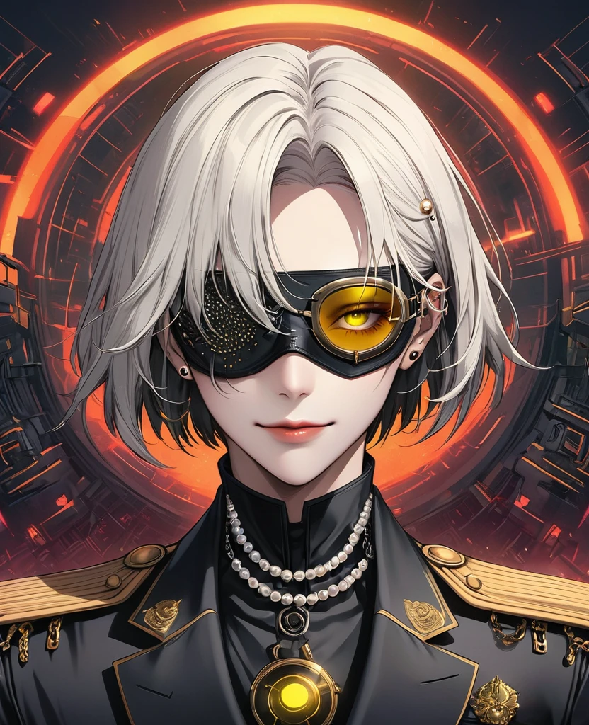 (Digital Illustration,Detailed anime style,Heavy Metal Cyberpunk,Pearl tassel eye mask,Portrait of short-haired boy wearing mask eye patch,Solitary,symmetry),(Big colorful eyes,Fashionable and exquisite facial features,Exquisite makeup,Smooth skin,Smile,Lip Studs,Soulful gaze,),(Black suit,Epaulettes-Chain,cool,),(((Correct human anatomy))),,out a hand:1.37.Radioactive geometric dynamic light wave background