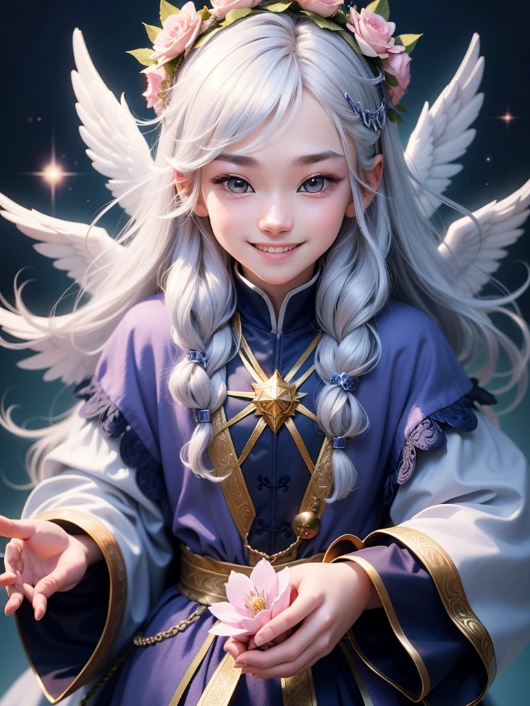 Wizard, around 20 years old, detailed face, wearing cute clothing, with silver hair ,Flower crown、smile、Angel、heaven、front