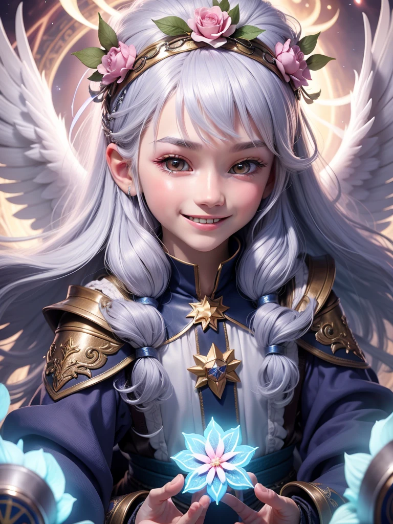 Wizard, around 20 years old, detailed face, wearing cute clothing, with silver hair ,Flower crown、smile、Angel、heaven、front