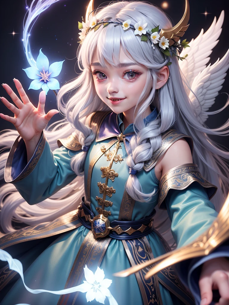Wizard, around 20 years old, detailed face, wearing cute clothing, with silver hair ,Flower crown、smile、Angel、heaven、front