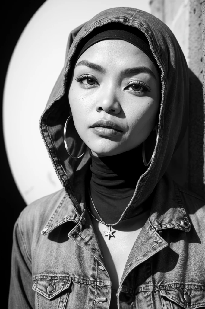 (masterpiece:1.2, best quality), (1 malay lady in hijab, solo, upper body:1.2), hijab, Clothing: oversized, distressed denim jacket with patches and pins, paired with black skinny jeans and combat boots, Accessories: silver hoop earrings and a black choker necklace, Hanging out in an underground music venue or street art exhibit, bokeh,Super 8mm lense, Extreme close-up, High Contrast cinematography effect, Natural Lighting, Desaturate color grading, high quality, ultra detail, 8k resolution