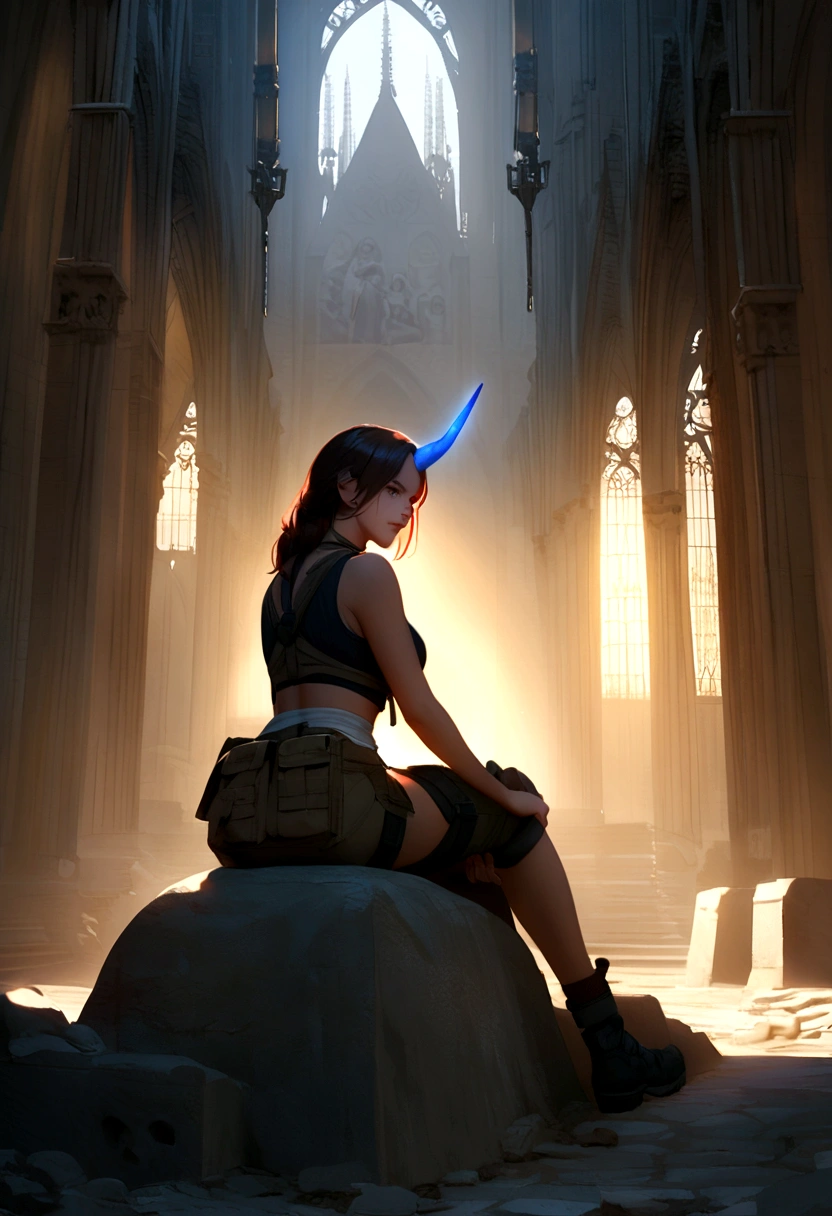 Tomb Raider with a blue white red horn, behind Notre Dame de Paris