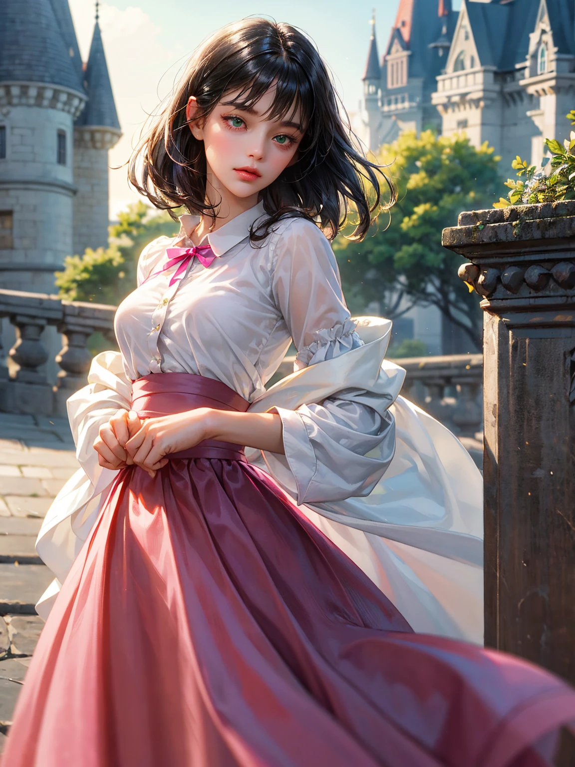 A girl, medium black hair with bangs, small breast, green eyes. She wears a white shirt with a fuchsia ribbon, fuchsia skirt. Beautiful girl, detailed eyes, detailed face, detailed hands. She looks at the viewer. Full figure. Background a castle