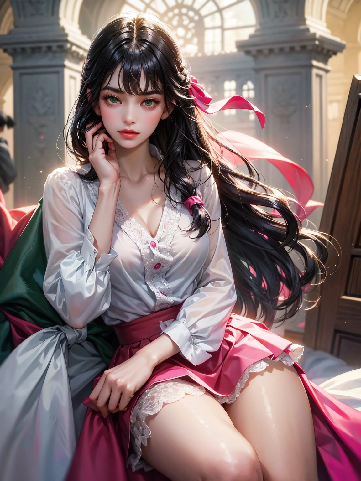 A girl, medium black hair with bangs, small breast, green eyes. She wears a white shirt with a fuchsia ribbon, fuchsia skirt. Beautiful girl, detailed eyes, detailed face, detailed hands. She looks at the viewer. Full figure. Background a castle