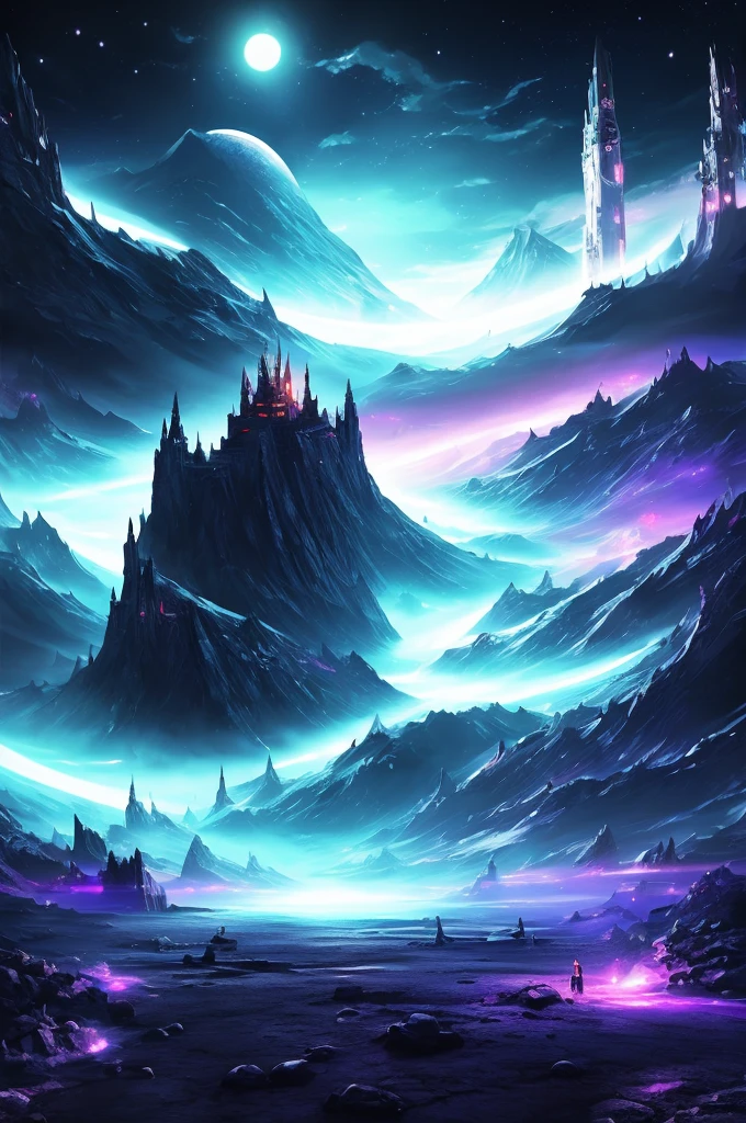 digital painting, Game Location, location from the game, dungeon from the game, локация space, Game Location, space location, location in blue and purple tones, Game Location, cute style, Large location, fog in the foreground with glow effects, colorful, No characters, no characters, location only, cute style, anime style, space, Space, planets in the background