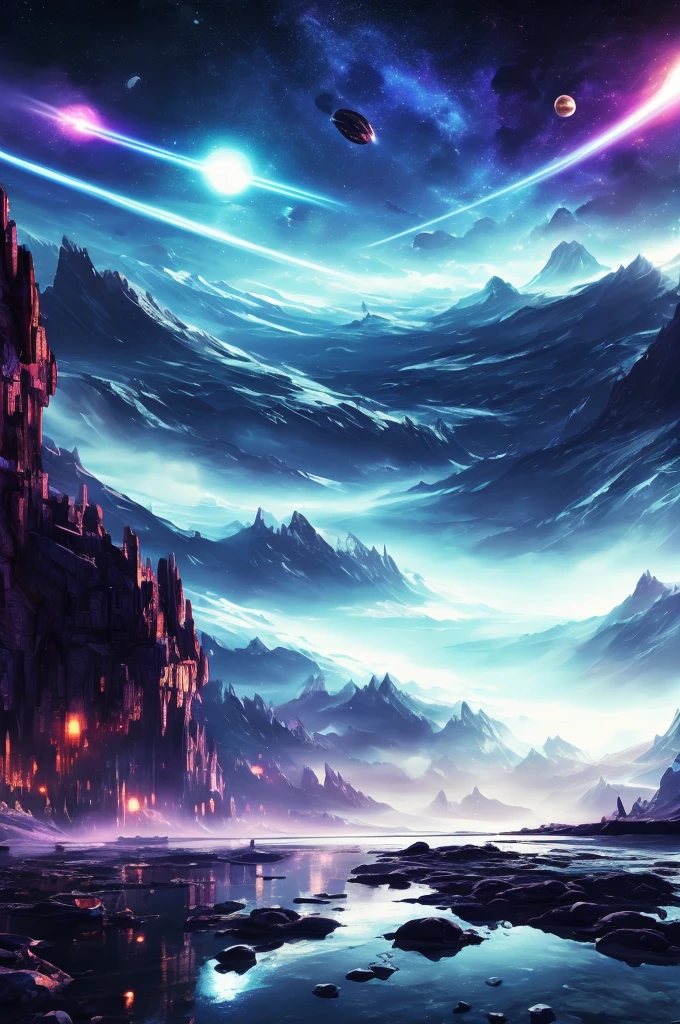 digital painting, Game Location, location from the game, dungeon from the game, локация space, Game Location, space location, location in blue and purple tones, Game Location, cute style, Large location, fog in the foreground with glow effects, colorful, No characters, no characters, location only, cute style, anime style, space, Space, planets in the background