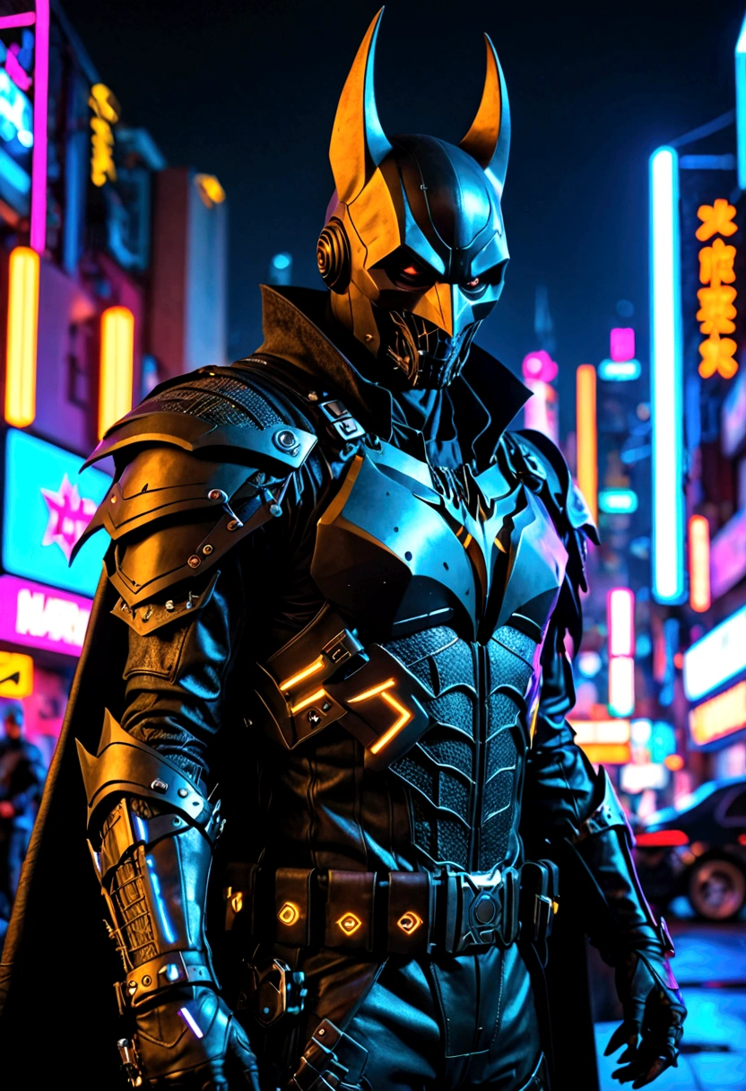 (extremely detailed 8k wallpaper), a medium shot photo of cyberpunk scary Grim dressed as bat in an armour made of black leather from marvel, cyberpunk theme, intricate, high detail, dramatic, neon city lights in the background