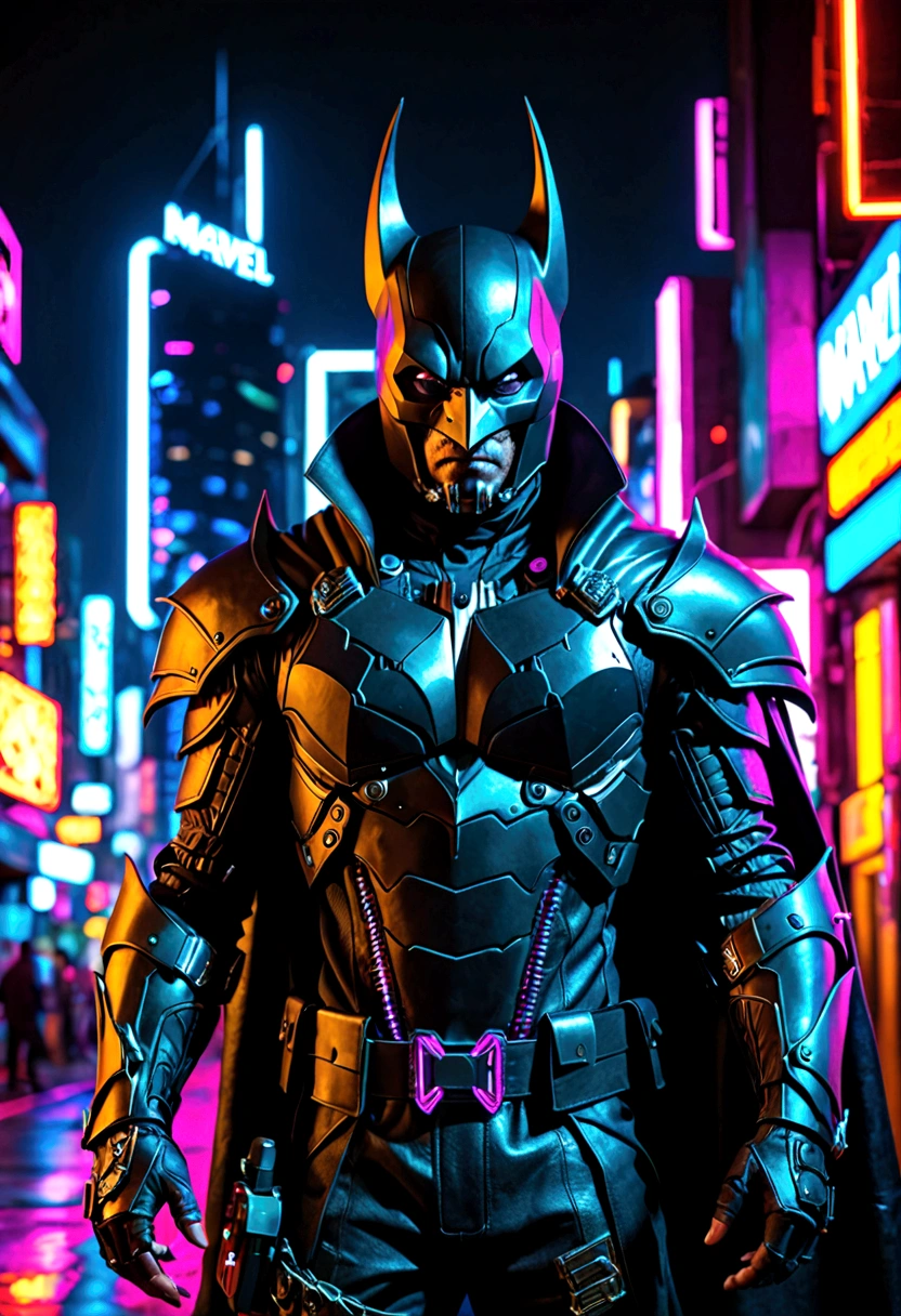 (extremely detailed 8k wallpaper), a medium shot photo of cyberpunk scary Grim dressed as bat in an armour made of black leather from marvel, cyberpunk theme, intricate, high detail, dramatic, neon city lights in the background