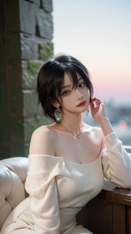 8K quality,Beautiful Japanese woman、slender,20-year-old,(Sweat,vapor, Vulgarity), ((Tight white long maxi sweater dress))、Big cleavage、Tight clothing、(Full Shot, Red Makeup、Pink glossy lipstick)、Long Shot, Beautiful depiction、Knowledgeable person、Detailed Background、High-quality human resources、High quality face、Ultra-high-definition animation、(Beautiful black hair:1.8)、Earrings、clavicle、Tight clothing, (((Off the shoulder、A pure white maxi dress that shows off her lewd body line.))), Background Blur、Detailed Background、A late-night hotel room with a view、smile、Put your hand over your mouth、Late at night at the front door、Outdoor