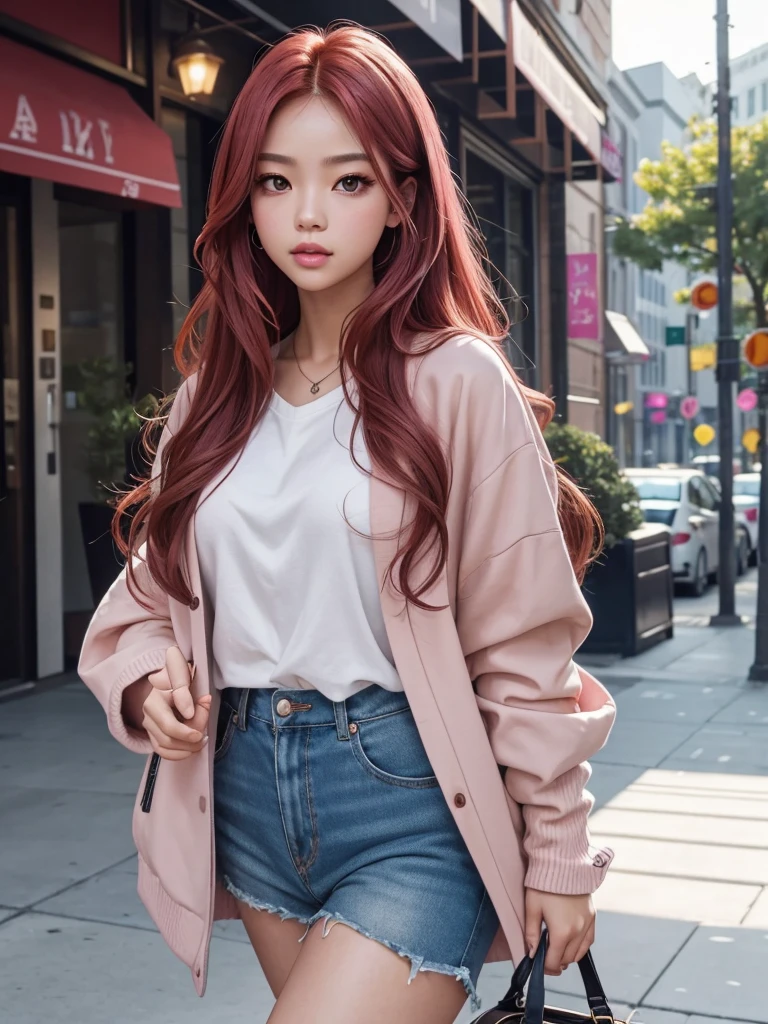 glowing skin, lips, sacimaer detailed skin, Beautiful face and detailed pink eyes, Spotlight, professional lighting, 1 girl, Alone, long hair, wearing a cute and casual outfit, natural pose, lips, indoor, realistic, I want the whole image be created, face and body of blackpink's Jennie kim with red hair and in four places with different poses doing random things taking a walk around the city  