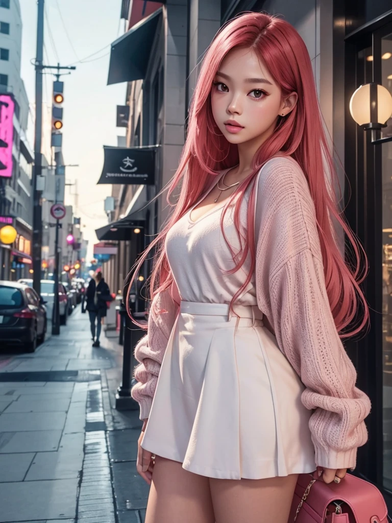 glowing skin, lips, sacimaer detailed skin, Beautiful face and detailed pink eyes, Spotlight, professional lighting, 1 girl, Alone, long hair, wearing a cute and casual outfit, natural pose, lips, indoor, realistic, I want the whole image be created, face and body of blackpink's Jennie kim with red hair and in four places with different poses doing random things taking a walk around the city  