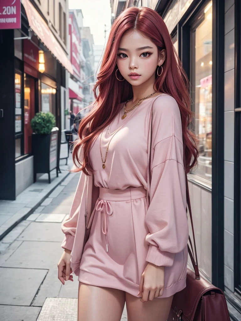glowing skin, lips, sacimaer detailed skin, Beautiful face and detailed pink eyes, Spotlight, professional lighting, 1 girl, Alone, long hair, wearing a cute and casual outfit, natural pose, lips, indoor, realistic, I want the whole image be created, face and body of blackpink's Jennie kim with red hair and in four places with different poses doing random things taking a walk around the city