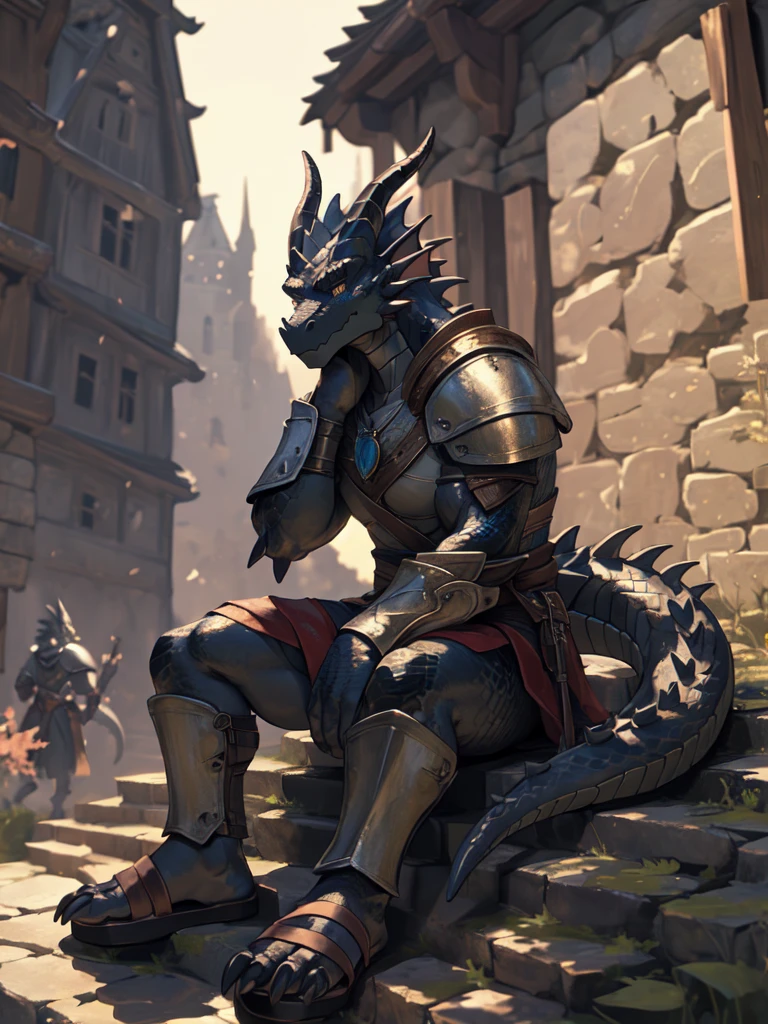 solo, kemono, (dragon), anthro, female, ((black body)), scales, tail, muscles, medium breasts, handsome, armor, medieval, fantasy, outdoors, outside, sitting, toe claws, leather sandals,epic, depth of field, perfect lighting,(best quality),(masterpiece),(ultra detailed)