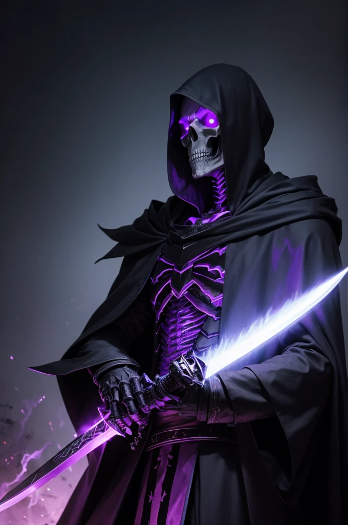 Monster, Skull Face, Black Skeleton, Tall, Purple flames in his eyes, Black cloak, Holding Great Sword in hand.