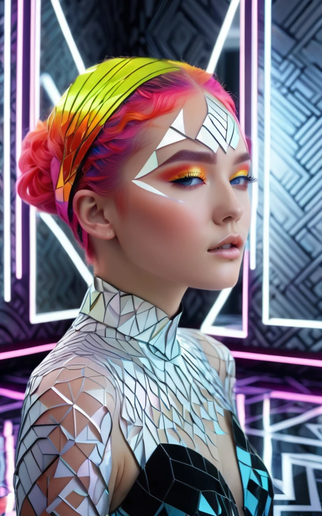 (best quality, 4K, 8K, high-resolution, masterpiece), ultra-detailed, photorealistic, young woman, vibrant neon hair, geometric Art Deco patterns on face, surreal dream-like setting, mirror-like floors, mirror-like walls, reflections, posing, intricate facial designs, modern fashion, ethereal lighting, digital art
