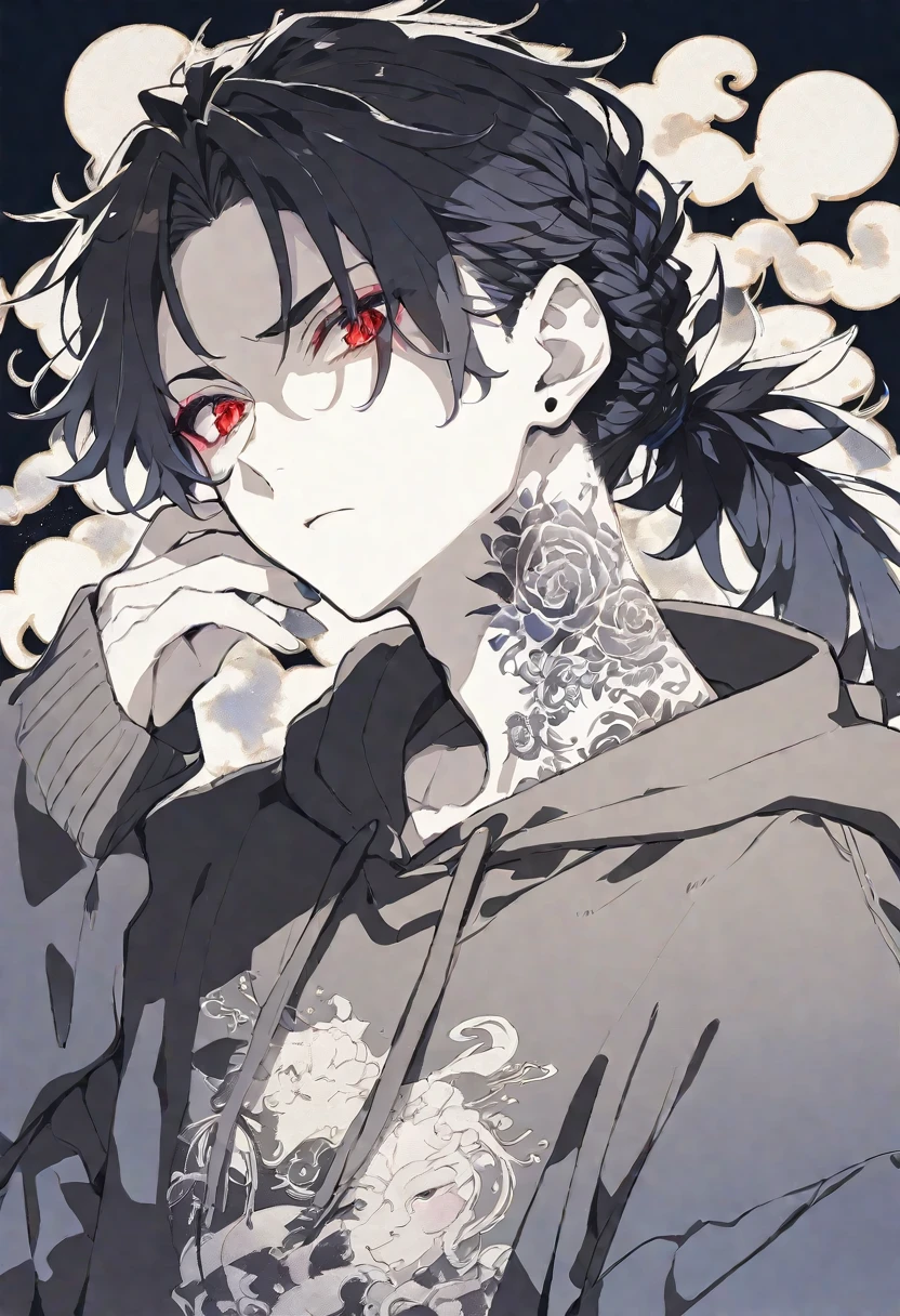 solo, handsome, Monochrome,watercolor,1 male, Ponytail, Braided black hair, red eyes, Gojo Satoru,casual,Blue Rose Tattoo,black Oversized hoodie,casual,Stylish,cool,Twelve Zodiac Signs,God,
blackbackground,icon,Despise face up