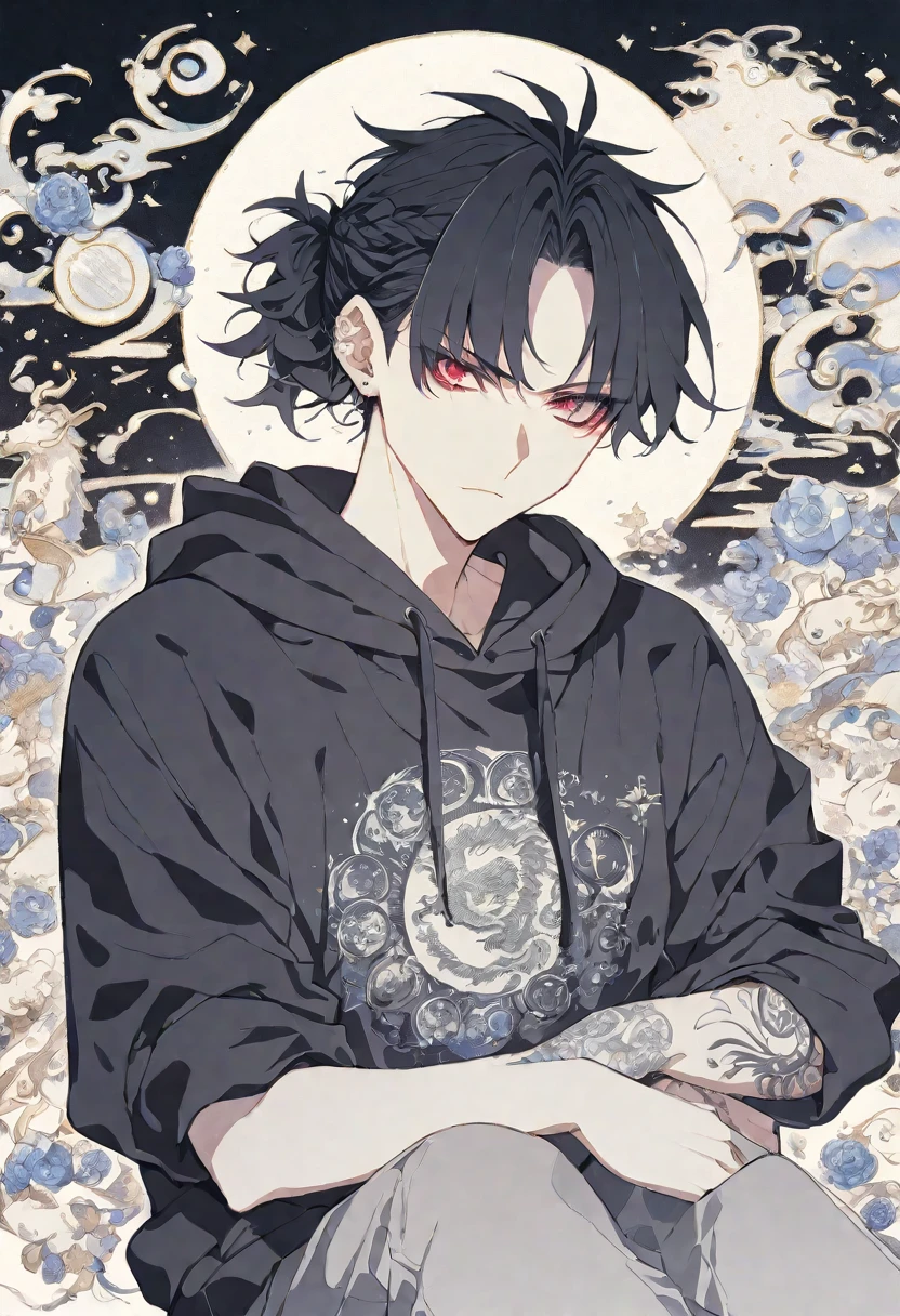 solo, handsome, Monochrome,watercolor,1 male, Ponytail, Braided black hair, red eyes, Gojo Satoru,casual,Blue Rose Tattoo,black Oversized hoodie,casual,Stylish,cool,Twelve Zodiac Signs,God,
blackbackground,icon,Despise face up