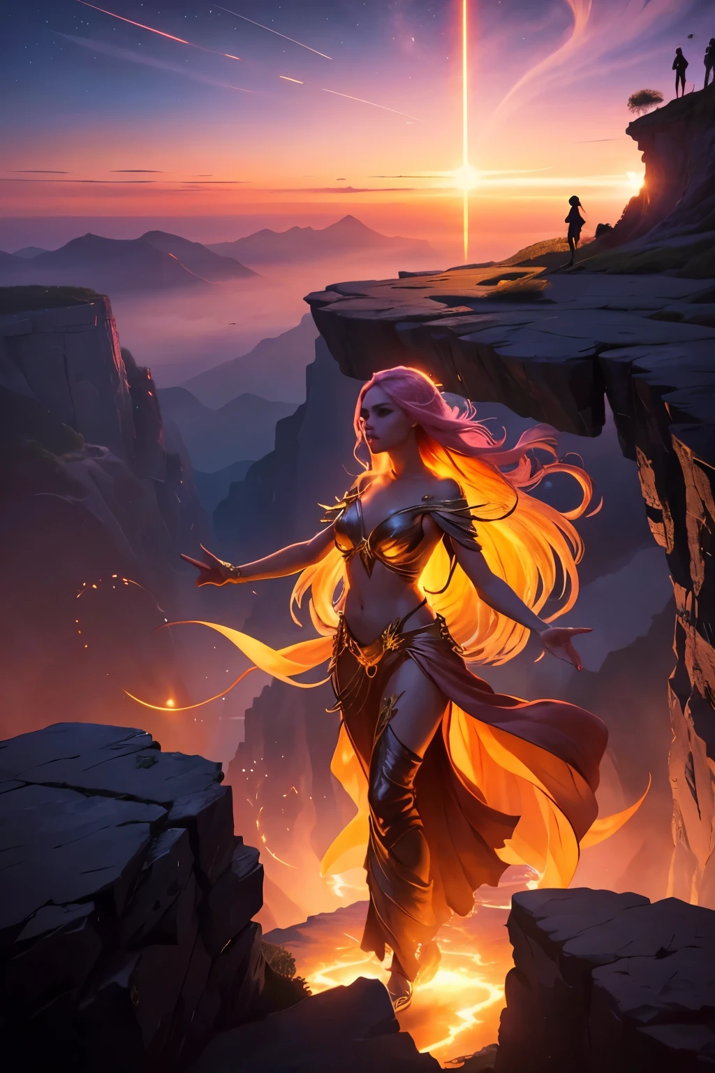 A solitary figure stands at the precipice of a cliff, enraptured by the radiant spectacle of the setting sun. The sky above is ablaze with hues of orange, pink, and purple, casting a warm, ethereal glow over the scene. As the figure admires the breathtaking vista, a luminous shadow begins to materialize behind them, its form shimmering and flickering like liquid gold.
This celestial entity creeps towards the individual with graceful, silent movements, eventually brushing against their body and fusing with them. The person experiences a sharp jolt, a combination of fear and awe coursing through their veins, as their physical