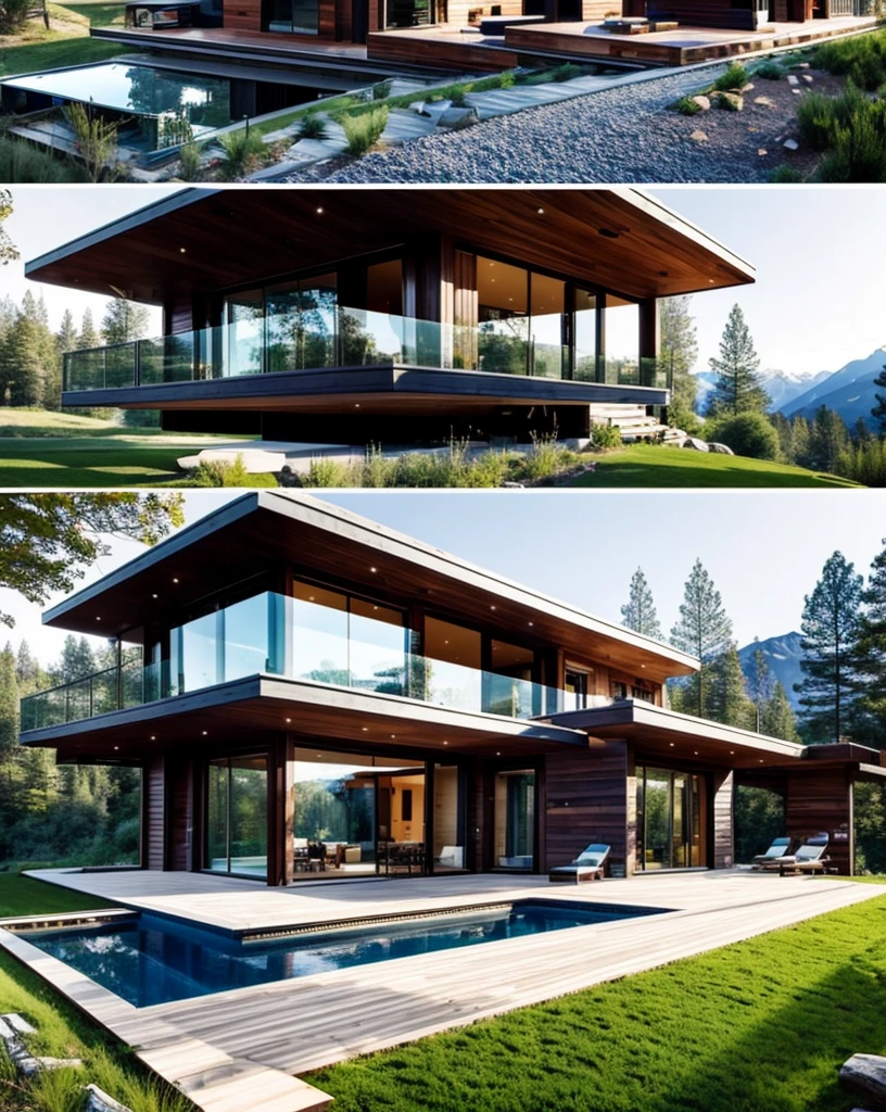 modern house with a balcony and a terrace, in the mountains, peaceful wooden house, amidst of nature fully covered, large modern residence, in style of ultra realistic, contemporary house, integrated in the mountains,
