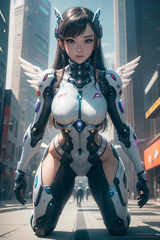 Woman in a futuristic suit standing in a futuristic city, Girl wearing mecha cyber armor, (Mechanized Valkyrie Girl), (Beautiful cyborg angel girl), Cyberpunk Girl Mecha, Unreal Engine Rendering + goddess, Cyberpunk Girl, Beautiful Caucasian girl cyborg、Medium chest、smile、(all fours)