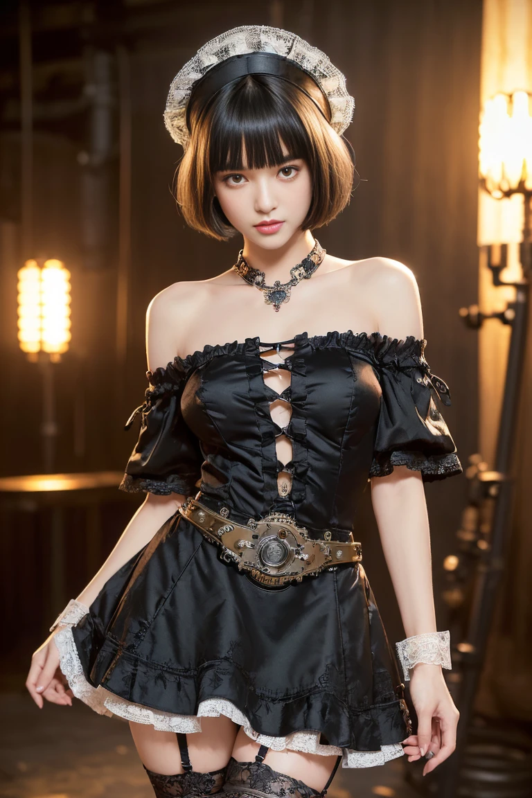 (((masterpiece, highest quality, Super detailed))), 1 female, (((very thin body))) , (((length, thin legs))), (((black short bob, thick fluffy bangs ))), (((highly detailed face))), No cosmetics, small and thin nose, thin mouth with small lips, (((Very sharp focused eyes))), Precise pale gray eyes with large slits, shine like a jewel, length eyelashes, ((Highly decorative intricate mechanical steampunk fashion, Lace Flare Mini Skirt, above the knee lace stockings, Lace Off Shoulder Lolita Fashion, Overly decorative fashion)), Abandoned Night, Complex mechanized steampunk factory catches fire and explodes, (((Overall accuracy has been dramatically improved, creating a Super detailed and realistic image))), super realistic photos.
