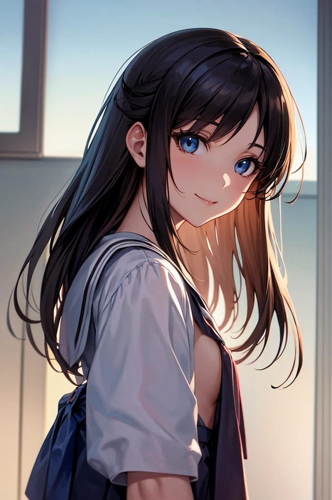 4K, (masterpiece), Highest quality, 2D, , ( Anime School Girl), (Small breasts), , Long brown hair, blue eyes, smile, Full Height, Clear Eyes, Black eyelashes, (Intricately detailed), dramatic, makoto shinkai, Trending on CGSociety