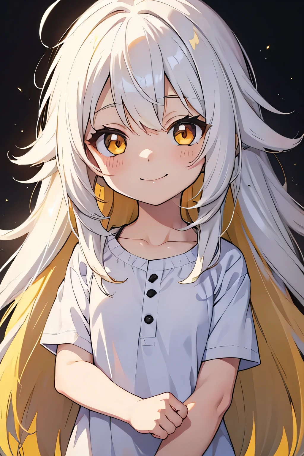 toddler, cute anime toddler, smiling, white hair and yellow hair, long hair, messy hair, golden eyes