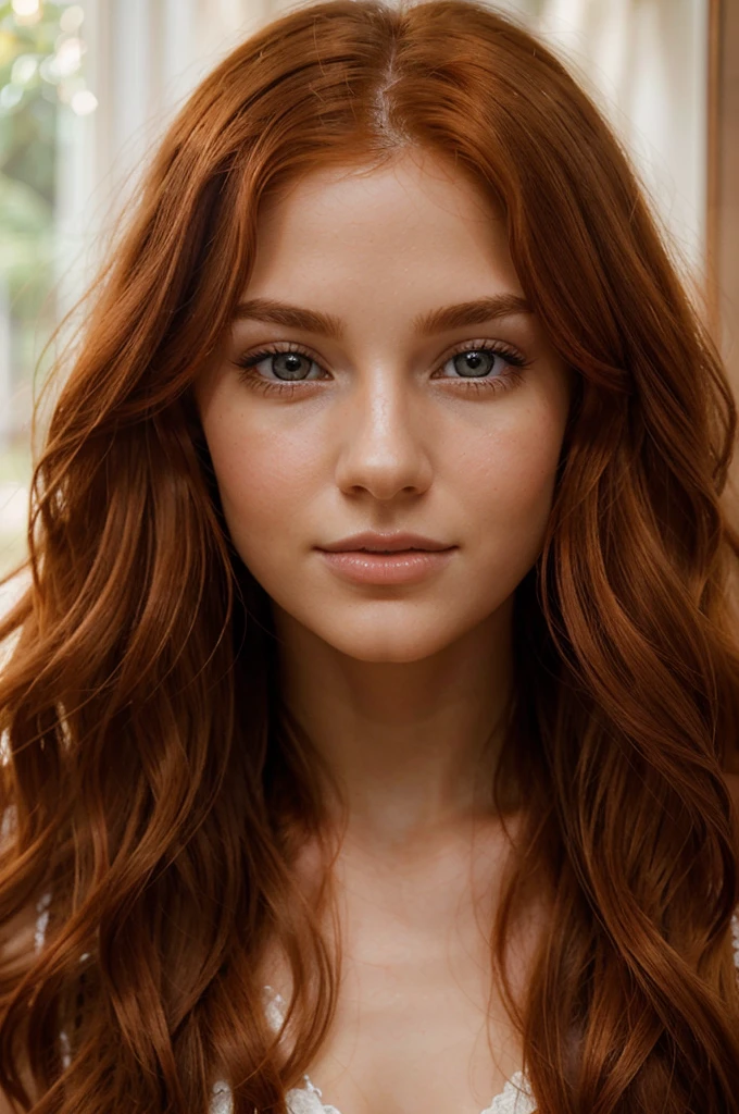 a beautiful young woman who is blessed with striking features. Her long, wavy ginger-red hair cascades down her back, catching the light in shimmering copper tones. Her skin, though slightly pale, is smooth and unblemished. Her chocolate brown eyes, framed by thick lashes, hold a depth and intelligence beyond her years.