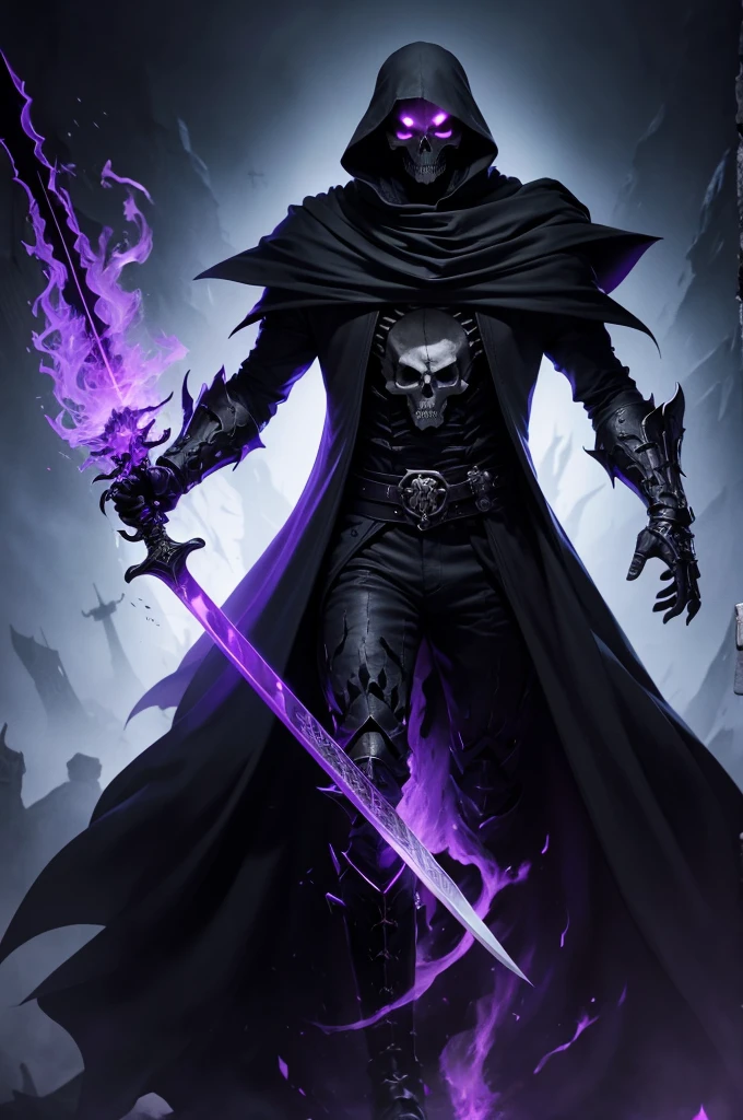 Monster, Skull Face, Black Skeleton, Tall, Purple flames in his eyes, Black cloak, Holding Great Sword in hand.