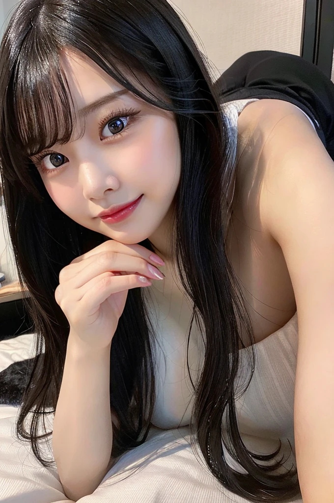 nsfw、Big Tits、full body、whole body、double eyelid、Highest quality, Very detailed, Fine details, lie on own stomach、High resolution, 8k, Perfect dynamic composition, Beautiful details, ,Natural color lip, A shy smile,Beautiful 20 year old woman、The only person, Cute type、Long Black Hair、Glamorous body、solo