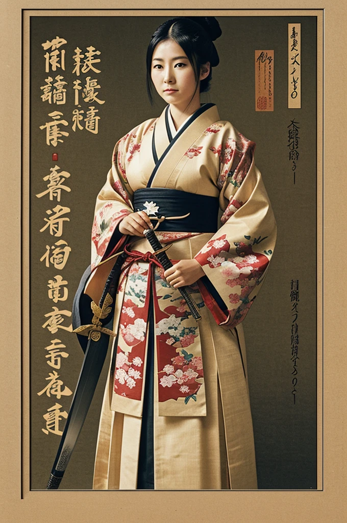  This is an image of a woman in a Japanese outfit holding a sword, surrounded by Japanese text.