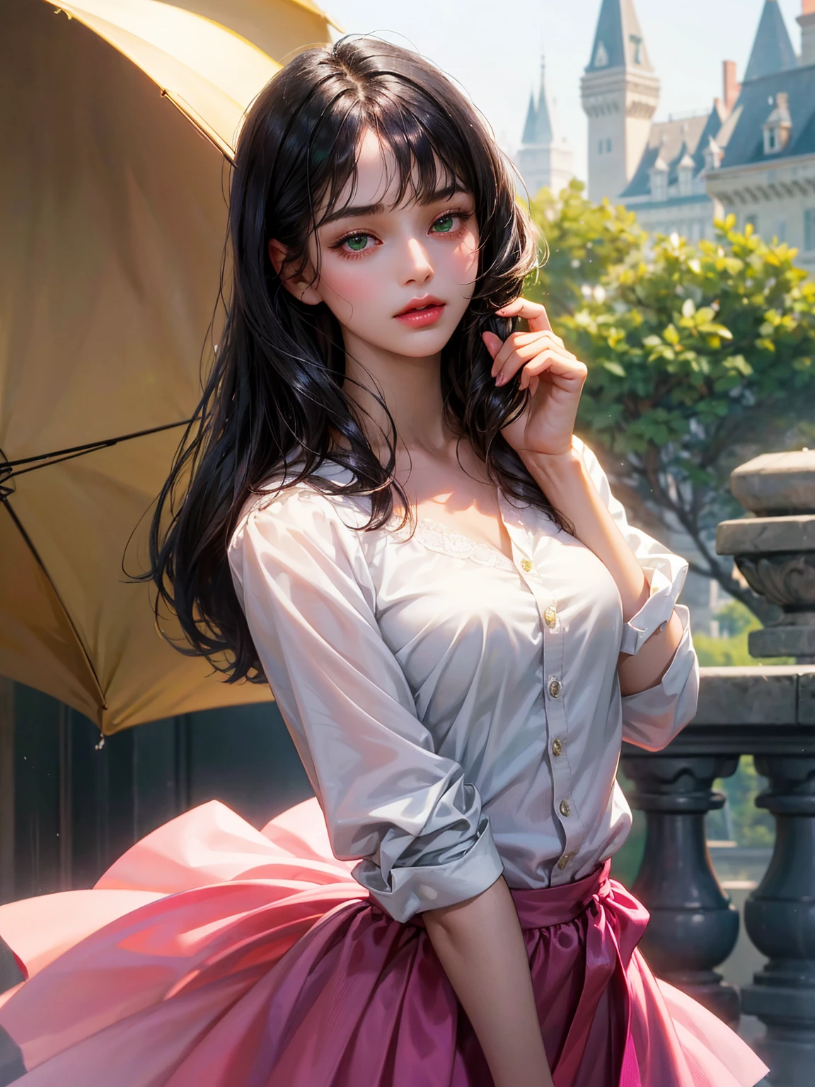 A girl, medium black hair with bangs, small breast, green eyes. She wears a white shirt with a fuchsia ribbon, a short fuchsia skirt. Beautiful girl, detailed eyes, detailed face, detailed hands. She looks at the viewer. Full figure. Background a castle