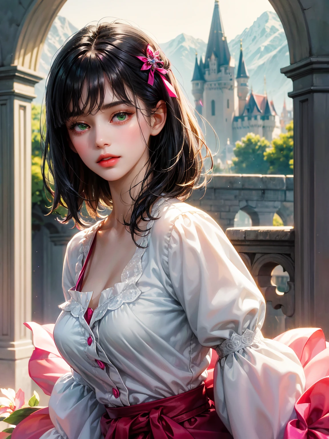 A girl, medium black hair with bangs, small breast, green eyes. She wears a white shirt with a fuchsia ribbon, a short fuchsia skirt. Beautiful girl, detailed eyes, detailed face, detailed hands. She looks at the viewer. Full figure. Background a castle