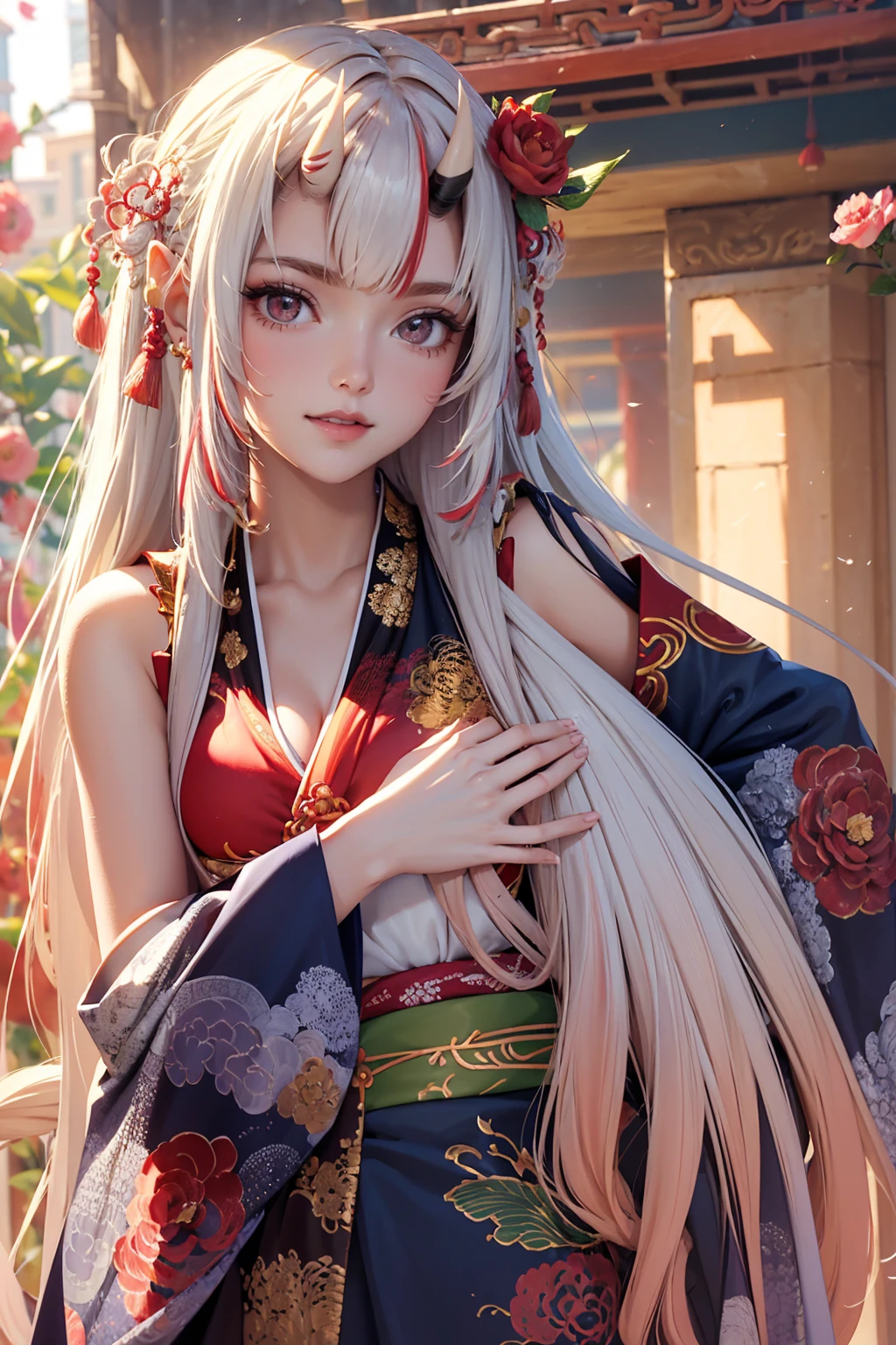 1girl, long hair, long flowing hair, floating hair, ornament hair, perfectly body, perfectly hands, rose on hair, maid, maid dress, maid headdress, maid apron, white apron, white apron, white headdress, petals in the air, blossom peach tree, centered girl, Chinese style, Chinese maid dress, white dress, more details on her clothes, dress with transparency, golden details, daylight, smiling, character design sheet, reference sheet, concubine girl, long flowing hair, floating hair, a moon, Detailed background((ancient city:1.2),Detailed background, Elegant backgrounds, Zen entanglement, mandalas, Tangled, Tangled, glossy hair, elaborate costume{Luxury kimono(Colorful kimono(Detailed golden embroidery,))}, Depict a beautiful and graceful woman, ((Best Quality)),{{a portrait photo of}},full body Esbian ((4k, masterpiece, top-quality)),8k, best quality, high resolution, HD, (illustration:0.8), super cute girl, delicate and beautiful face, 1girl, solo, mature girl, super cute hairstyle, (beautiful detailed eyes:1.6), extremely detailed face, perfect lighting, extremely detailed CG, (perfect hands, perfect anatomy), Best quality, cleavage, small skirt, full Body,