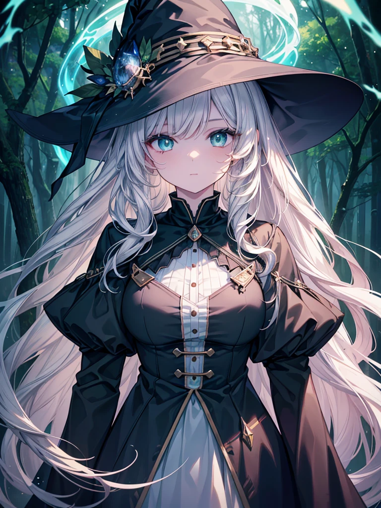(masterpiece),(top-quality),(ultra-detailliert),hight resolution,in 8K animation,1girl,witch,white wavy hair,long hair,green eyes,(round eyes),bangs,a lot of glowing particles,deep forest,dreamcore,(beautifull detailed face),(beatiful detailed eyes),(anatomically correct)