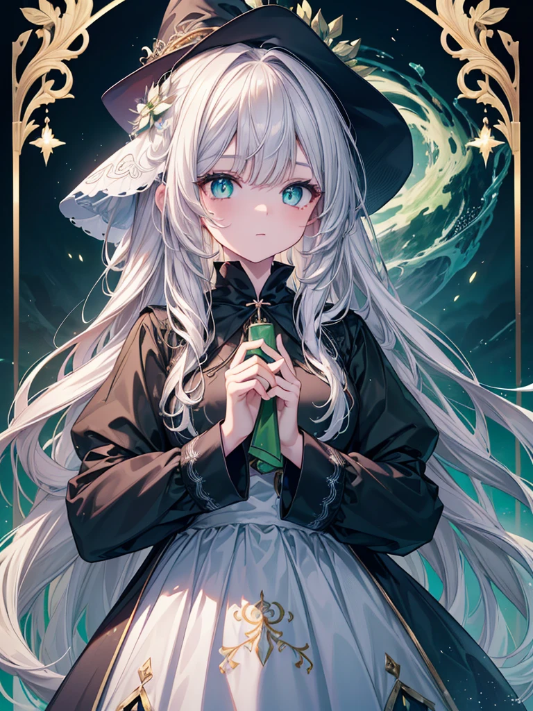 (masterpiece),(top-quality),(ultra-detailliert),hight resolution,in 8K animation,1girl,witch,white wavy hair,long hair,green eyes,(round eyes),bangs,a lot of glowing particles,deep forest,dreamcore,(beautifull detailed face),(beatiful detailed eyes),(anatomically correct)